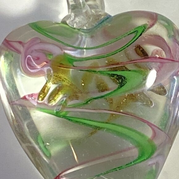 Artisan Hand Blown Glass Swirl Stripe Green Pink HEART Rose Pendant - Picture 4 of 6